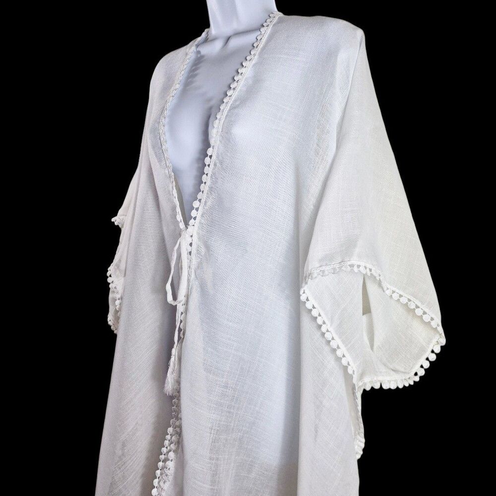Rachel Zoe O/S White Crochet Lace Coastal Flowy Cover Up Tassel Tie Sheer Kimono - Picture 6 of 10